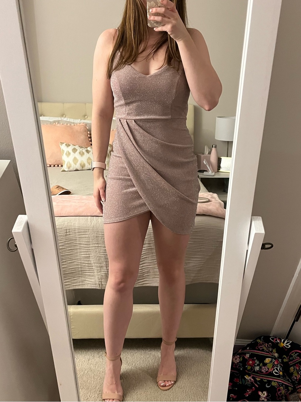 Lulus Sleeveless Shimmer Wrap-Front Mini Dress in Blush